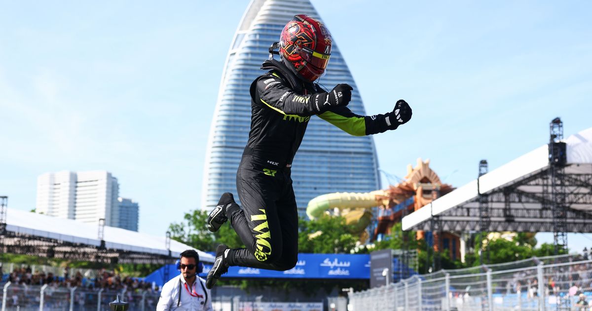 Official Formula E image of Jake Dennis celebrating victory at the 2026 Sanya E-Prix
